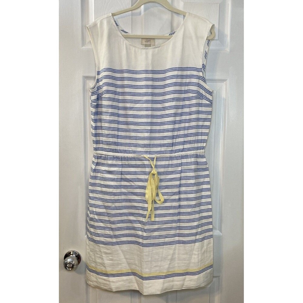 LOFT Blue White Yellow Striped Sheath Dress Sleeveless Linen Rayon Size 12 - Picture 1 of 6
